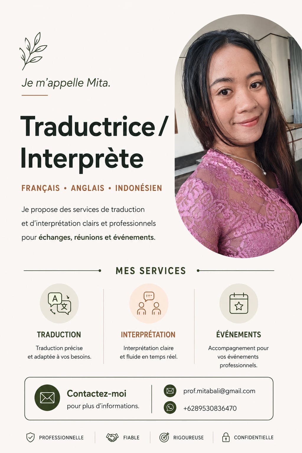Portrait de Mita, traductrice et interprète trilingue, présentant ses services professionnels de traduction.